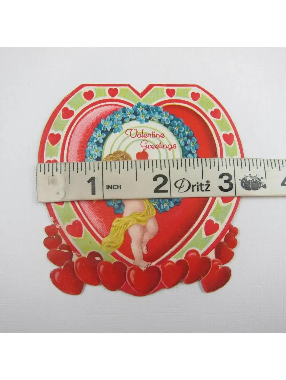 Vintage Valentine Card Diecut Blonde Cupid Target Red Heart Bullseye Blue Flower